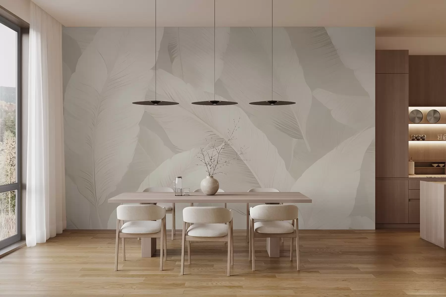 murales de pared Elegantes hojas de plátano en suaves tonos crema, w03080