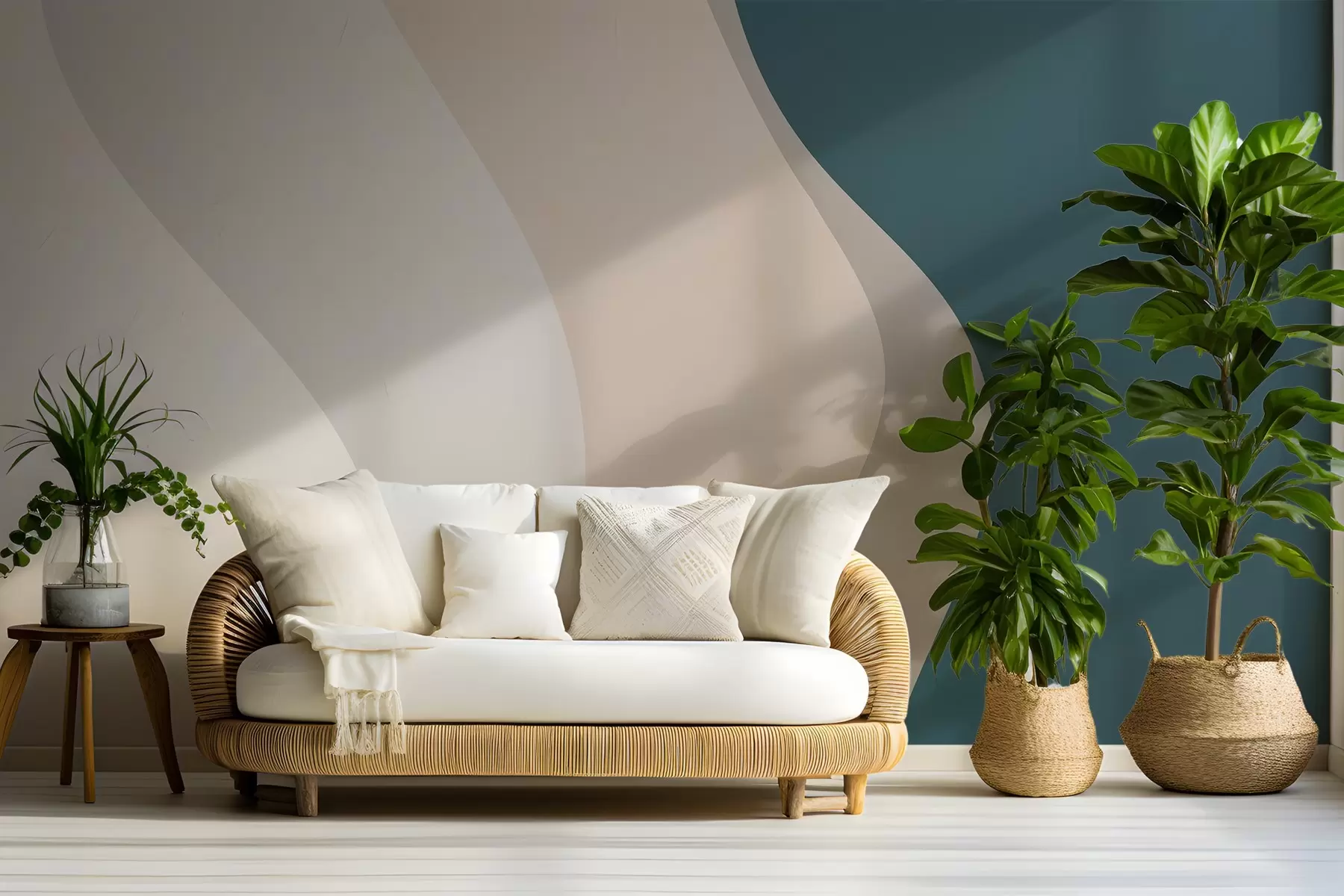 murales de pared Estampado abstracto de líneas suaves y onduladas en tonos blanco, beige y azul oscuro w03084v1