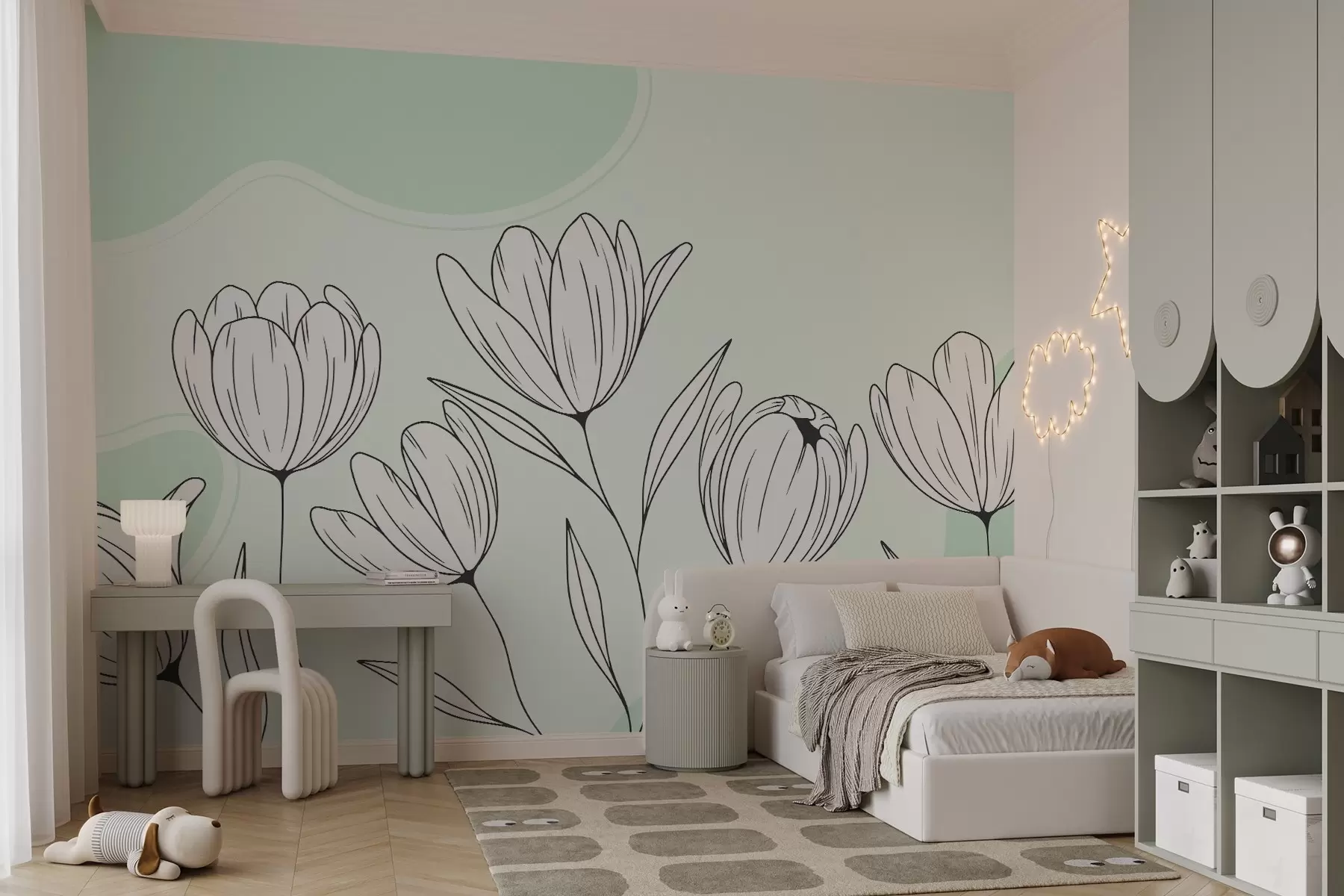 murales de pared Ilustración minimalista de tulipanes en blanco y negro sobre fondo claro con suaves toques de menta w03086v2