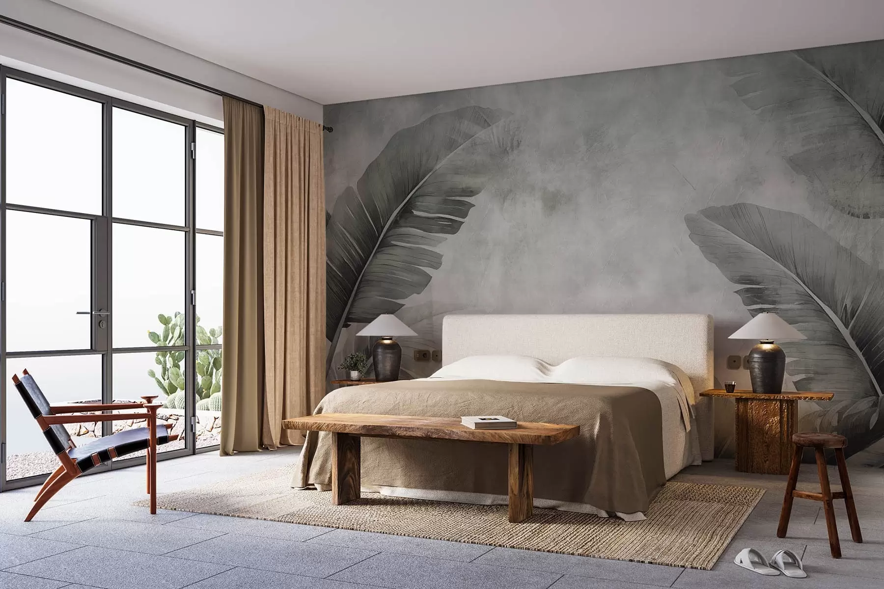 murales de pared Grandes hojas de plátano en una pared envejecida w08758