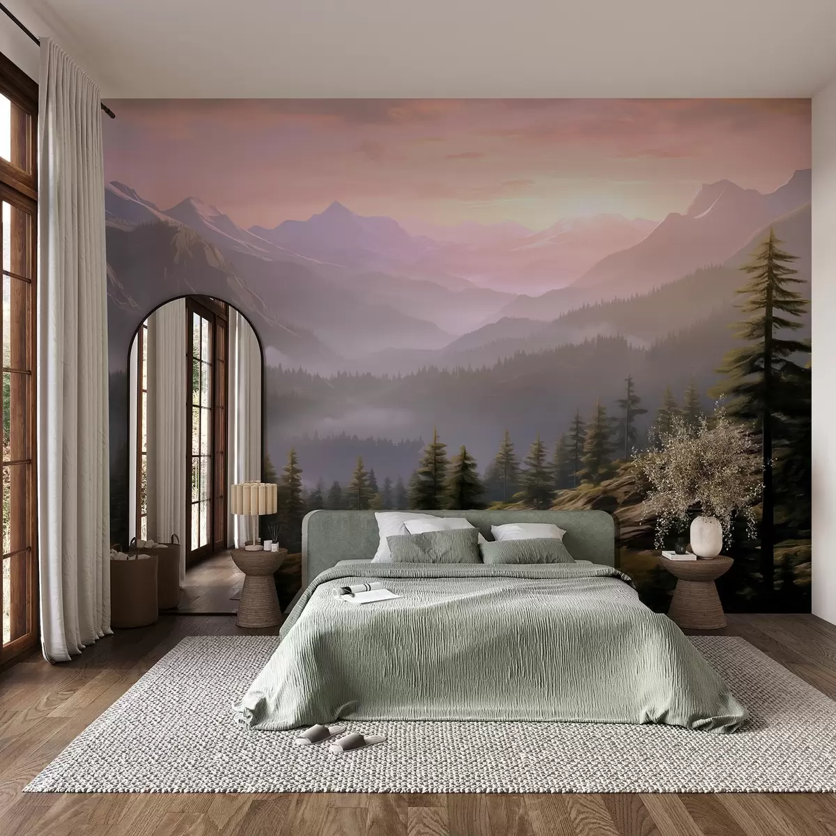 murales de pared Sereno paisaje de montaña al amanecer con suave niebla sobre el fondo de un bosque w08750