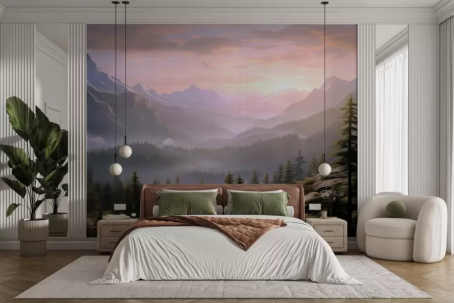 murales de pared Sereno paisaje de montaña al amanecer con suave niebla sobre el fondo de un bosque w08750