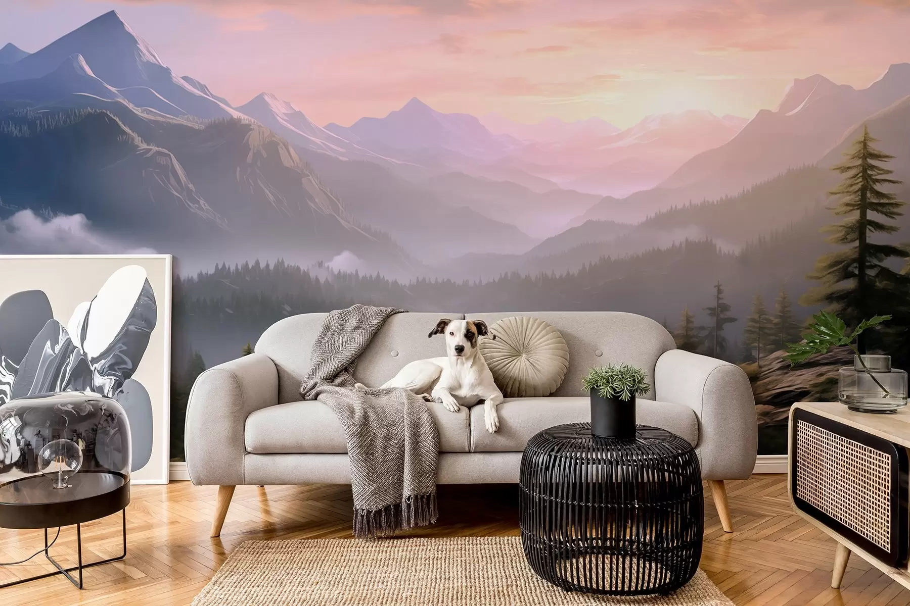 murales de pared Sereno paisaje de montaña al amanecer con suave niebla sobre el fondo de un bosque w08750