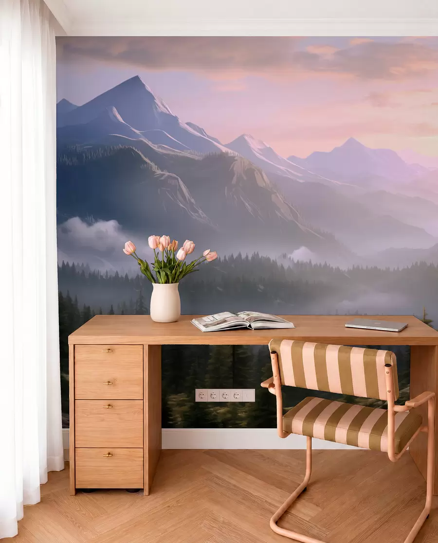 murales de pared Sereno paisaje de montaña al amanecer con suave niebla sobre el fondo de un bosque w08750