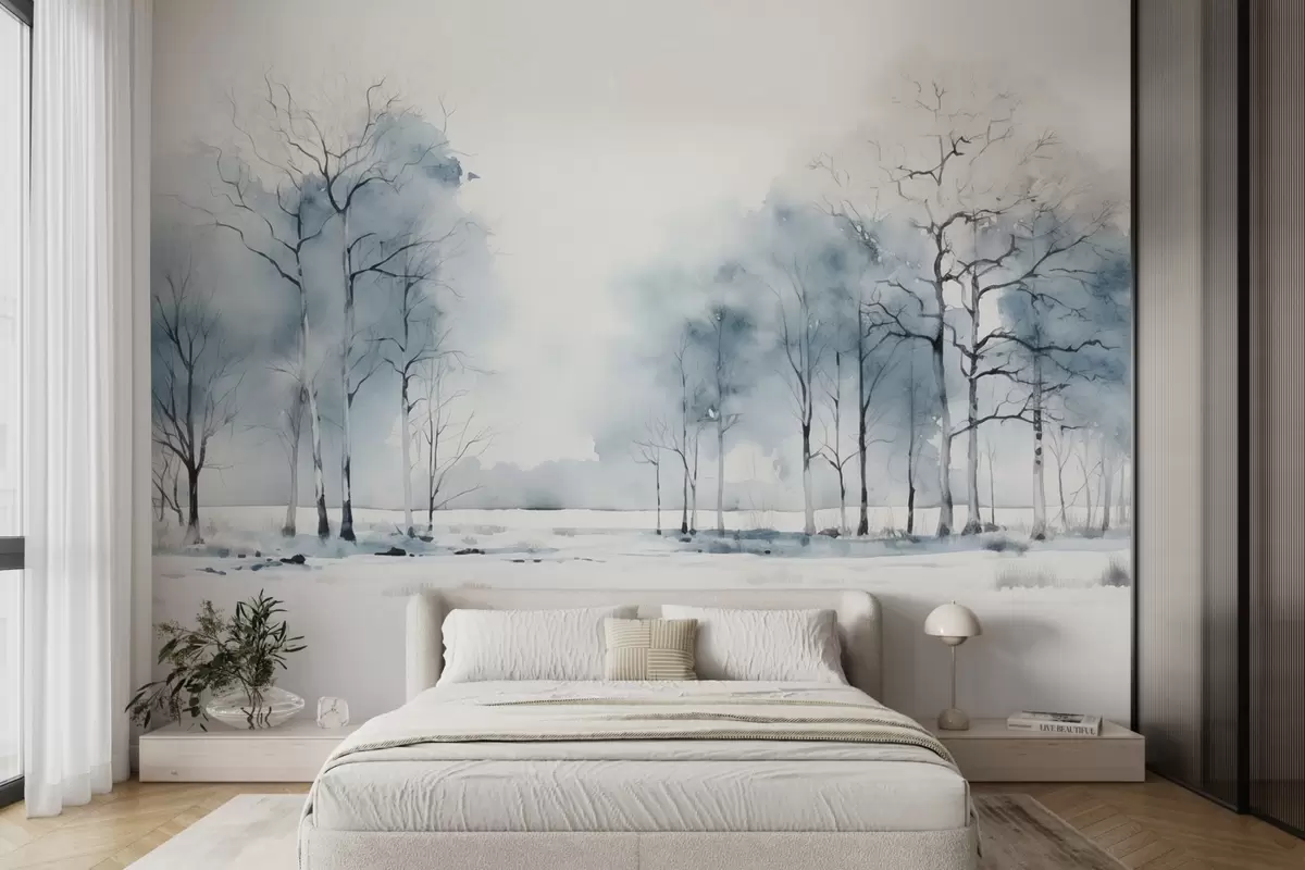 murales de pared Árboles azules en estilo acuarela sobre fondo blanco w08753