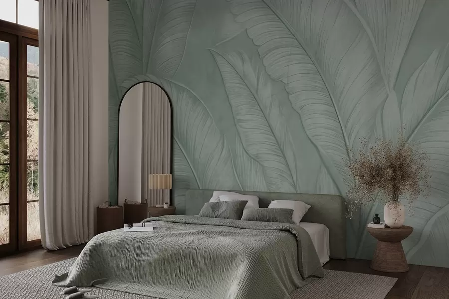 murales de pared Grandes hojas tropicales de gran textura y detalle en un color verde monocromático de estilo loft  w08772v1