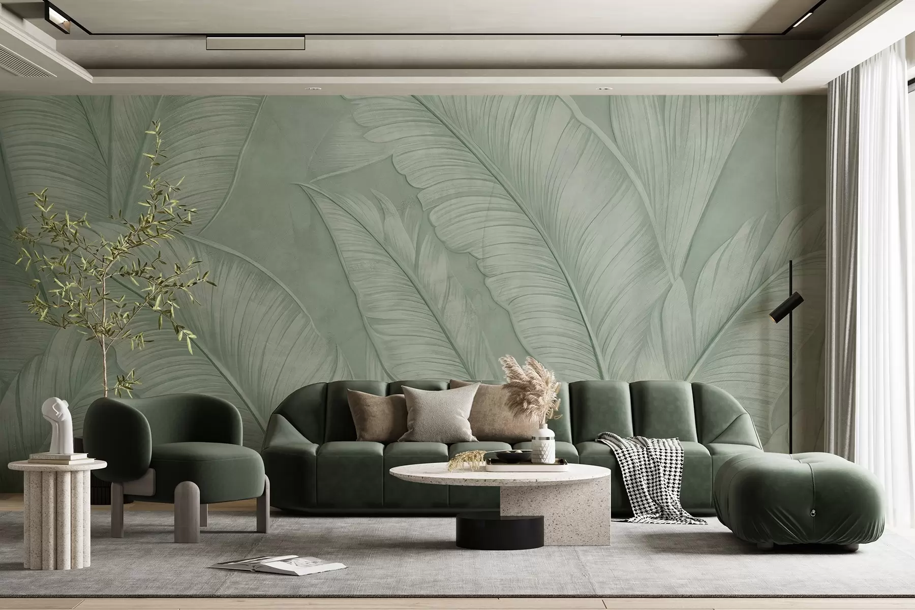 murales de pared Grandes hojas tropicales de gran textura y detalle en un color verde monocromático de estilo loft  w08772v1