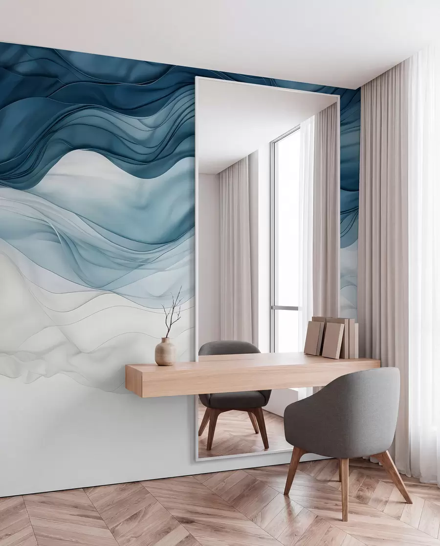 murales de pared Ondas fluidas de texturas translúcidas en tonos azul oscuro, azul claro y blanco sobre un fondo claro  w08775
