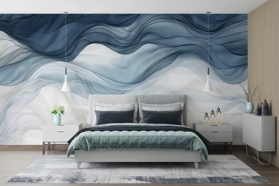 murales de pared Ondas fluidas de texturas translúcidas en tonos azul oscuro, azul claro y blanco sobre un fondo claro  w08775