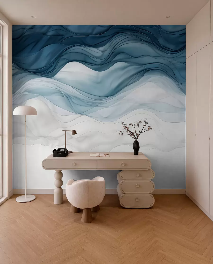 murales de pared Ondas fluidas de texturas translúcidas en tonos azul oscuro, azul claro y blanco sobre un fondo claro  w08775