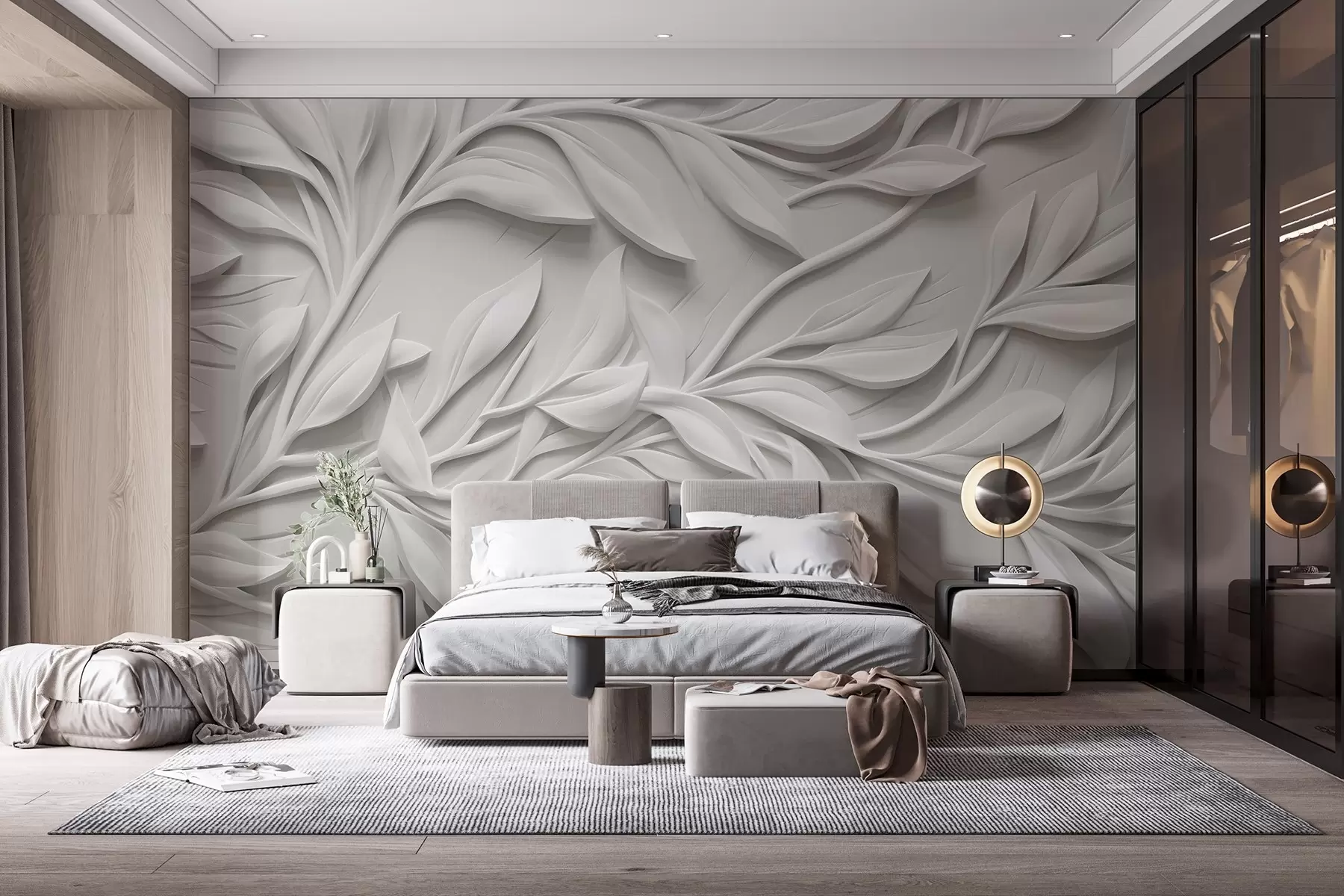 murales de pared Estampado blanco texturizado con hojas y ramas , creando un efecto de imitación de volumen sobre un fondo texturizado w08778