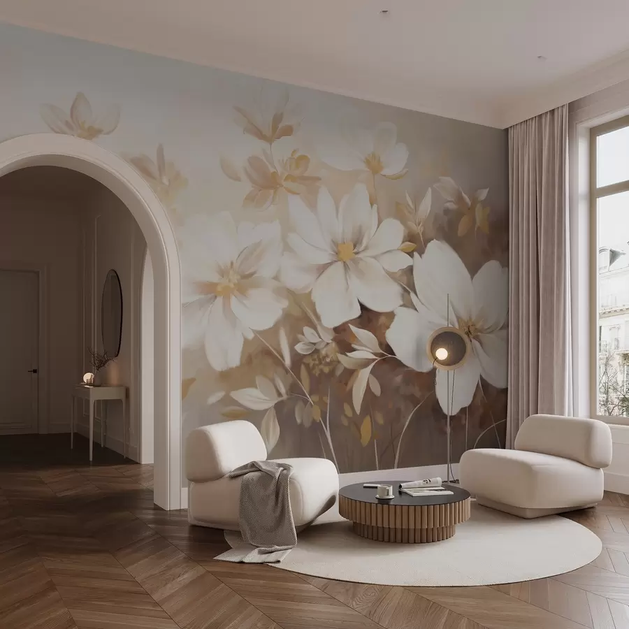 murales de pared Flores pintadas de blanco con suaves pétalos y delicadas hojas, sobre un fondo beige claro y crema w08780