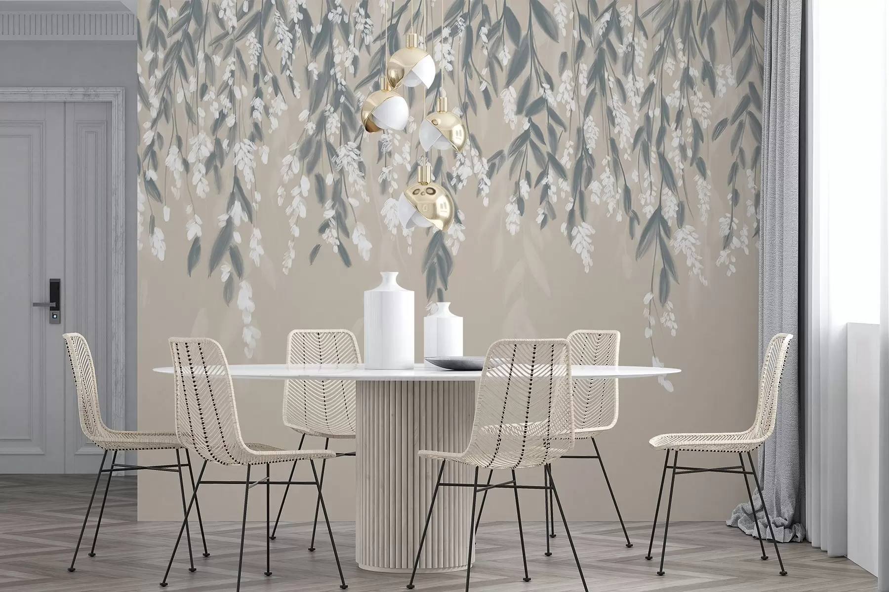 murales de pared Ramas de follaje en cascada en tonos de verde apagado con flores y hojas blancas sobre fondo beige w08781