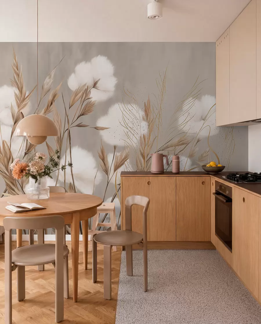 murales de pared Flores blancas de algodón suave y esponjoso y altas espiguillas de hierba anaranjadas sobre un fondo beige de textura apagada w08784