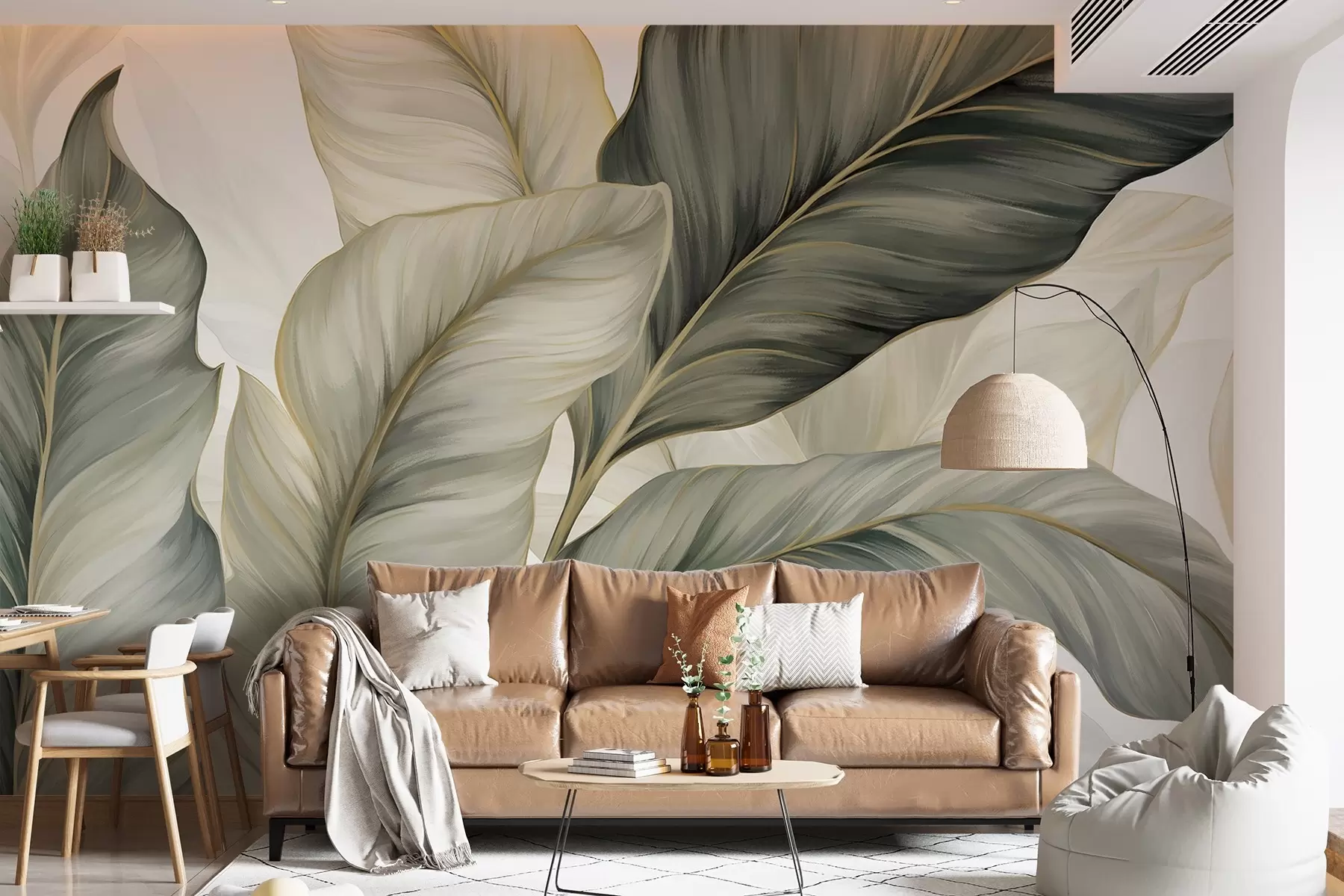 murales de pared Hojas grandes de textura estilizada con venas detalladas en varios tonos de verde, crema y beige w08785