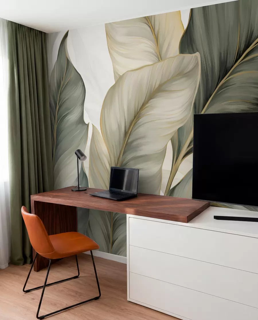 murales de pared Hojas grandes de textura estilizada con venas detalladas en varios tonos de verde, crema y beige w08785