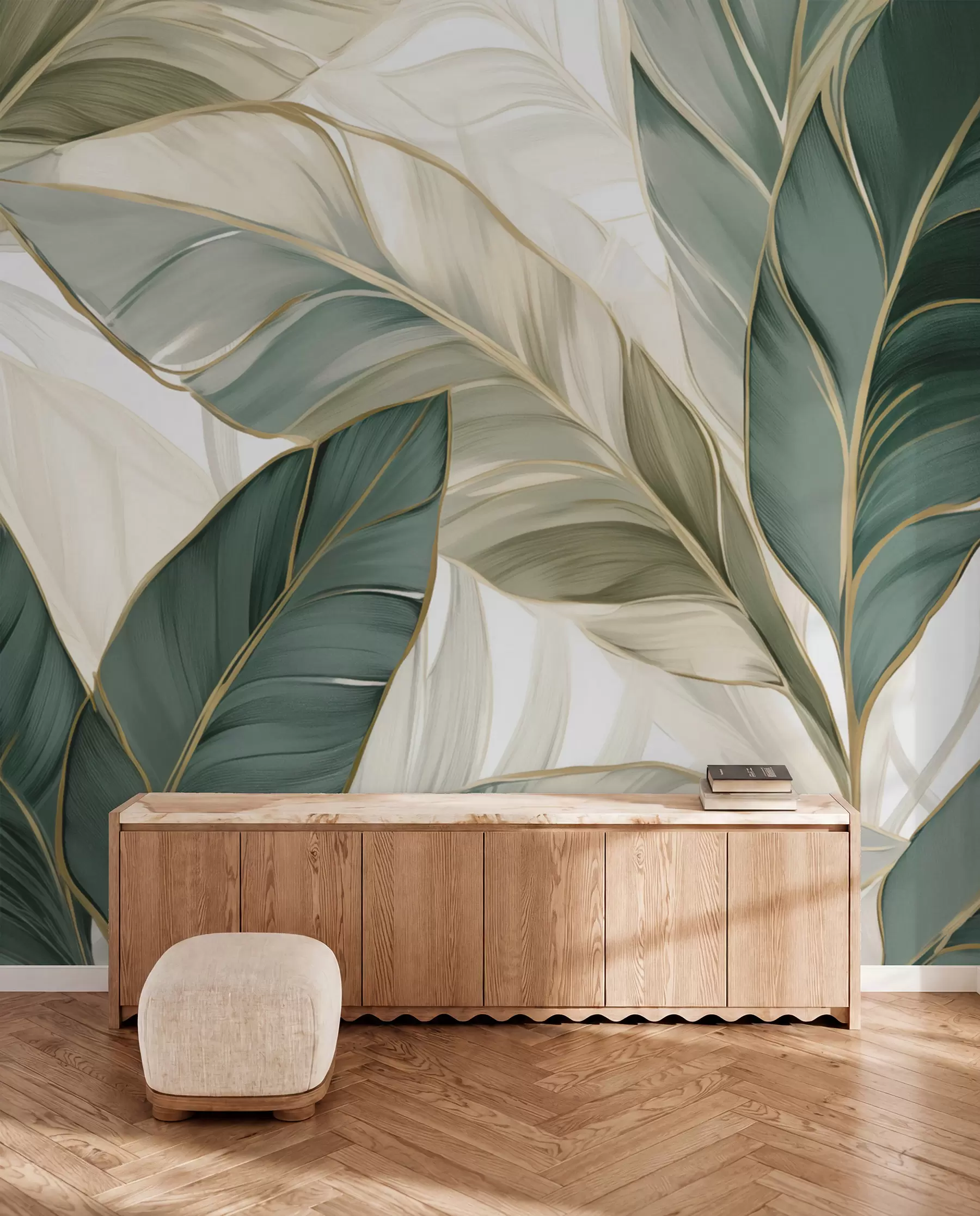 murales de pared Hojas tropicales verdes sobre fondo gris y blanco w03124