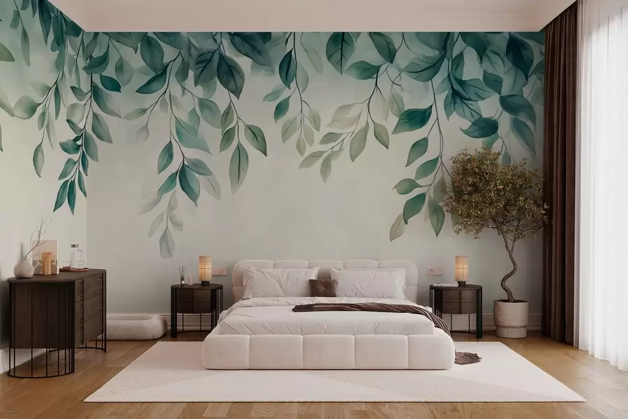 murales de pared hojas verdes estilo acuarela colgando de la parte superior w03024