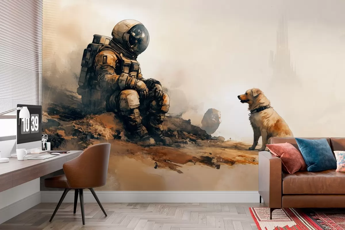murales de pared paisaje postapocalíptico con un astronauta y un perro w03115