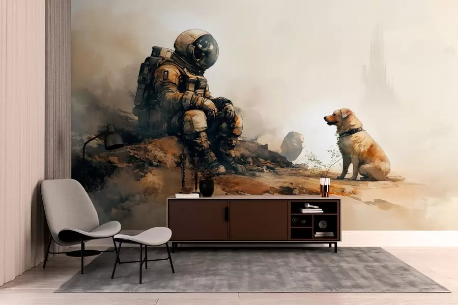 murales de pared paisaje postapocalíptico con un astronauta y un perro w03115
