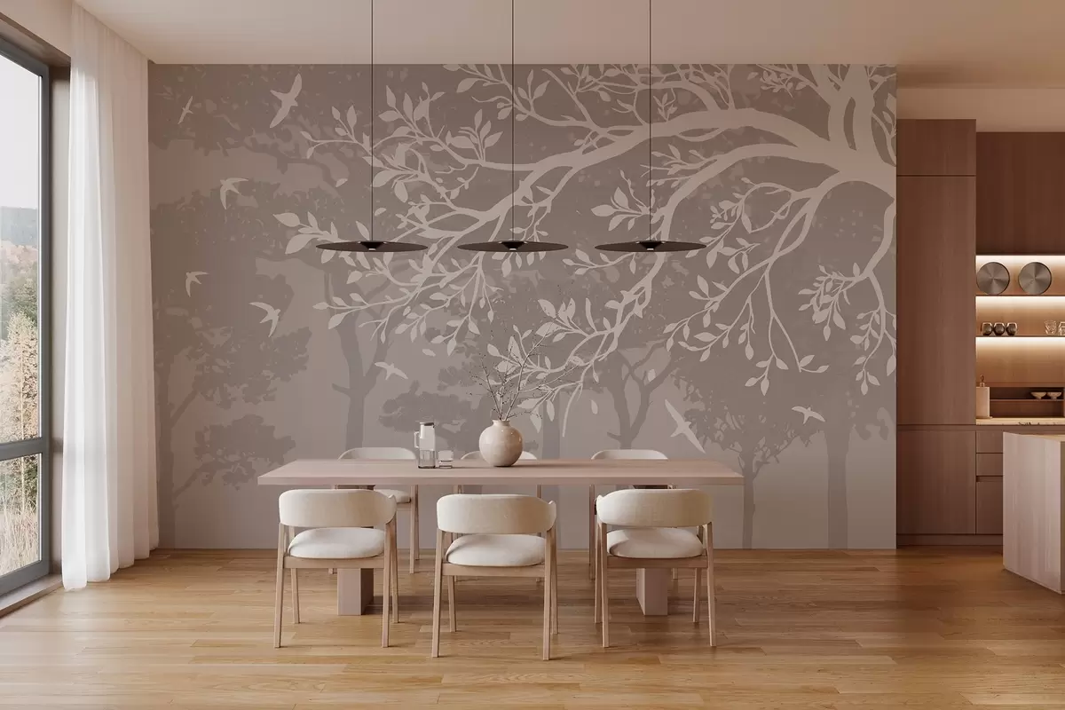 murales de pared silueta de una rama de árbol cremosa con pájaros, sobre el fondo del bosque w03116