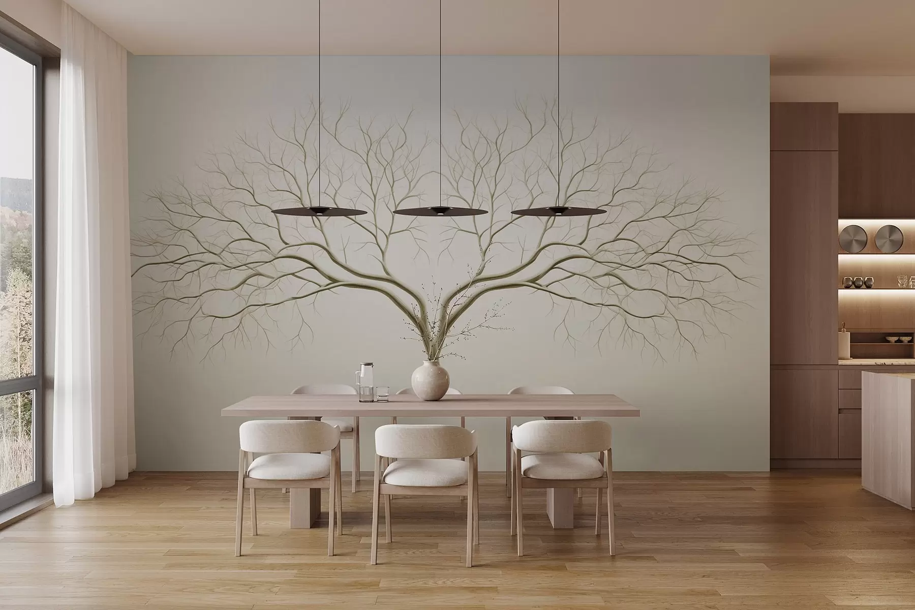 murales de pared Imagen minimalista de un árbol con delicadas ramas sobre fondo beige claro w03159v2