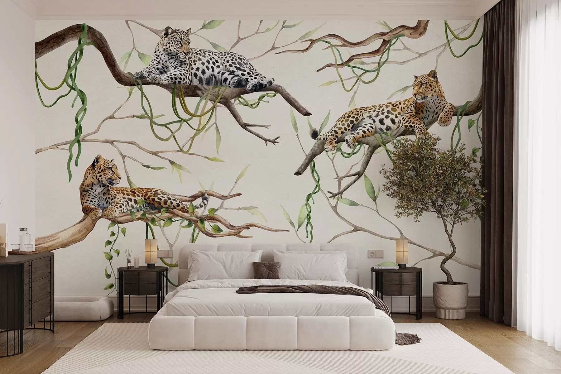 murales de pared Leopardos en los árboles de la selva, lianas, tropical, animales salvajes, paleta de colores naturales w03146