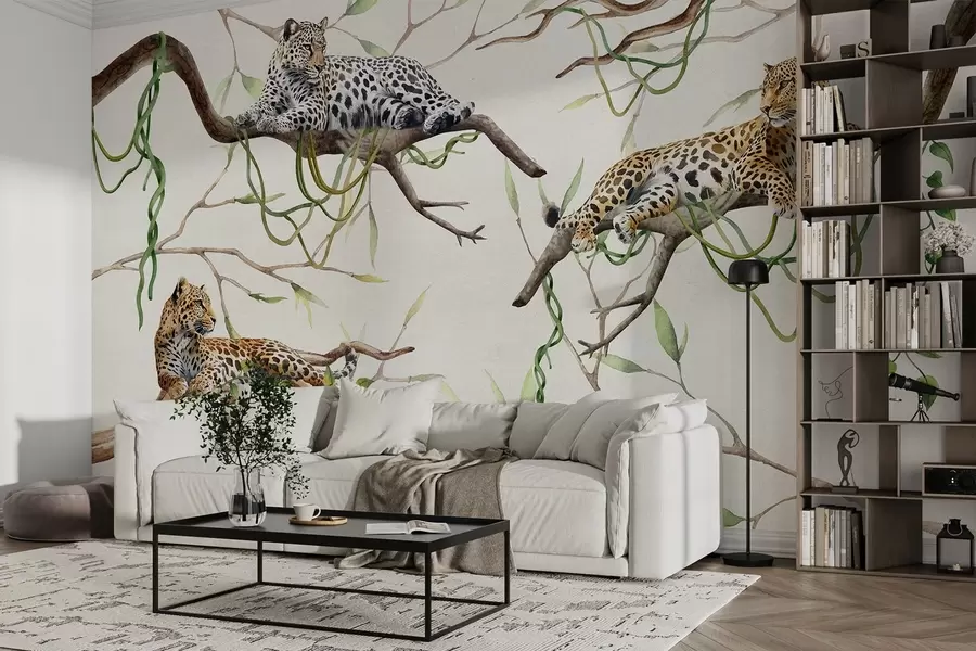 murales de pared Leopardos en los árboles de la selva, lianas, tropical, animales salvajes, paleta de colores naturales w03146