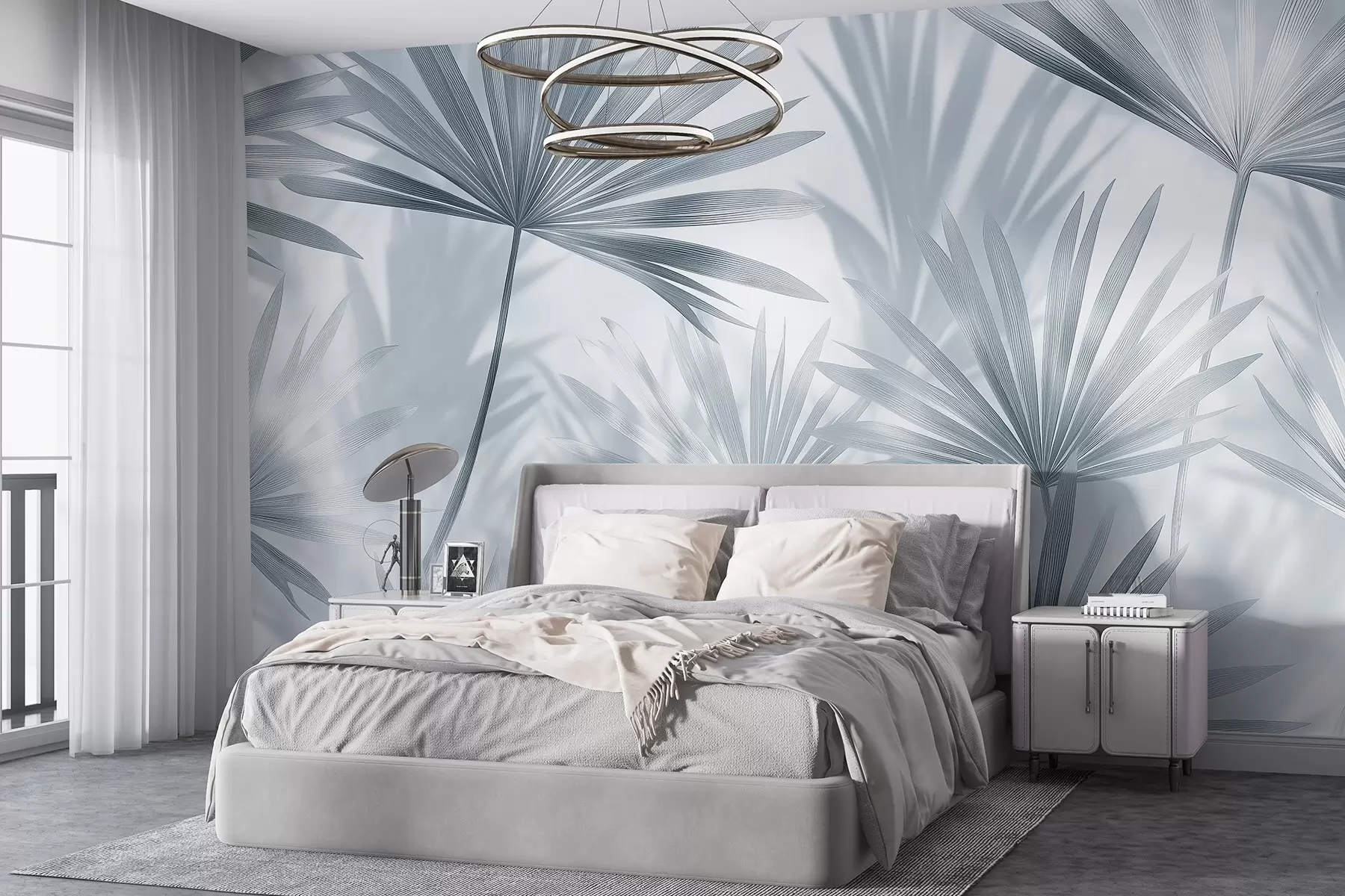 murales de pared Hojas de palmera, motivo floral, minimalismo, tropical, colores grises w03152v1