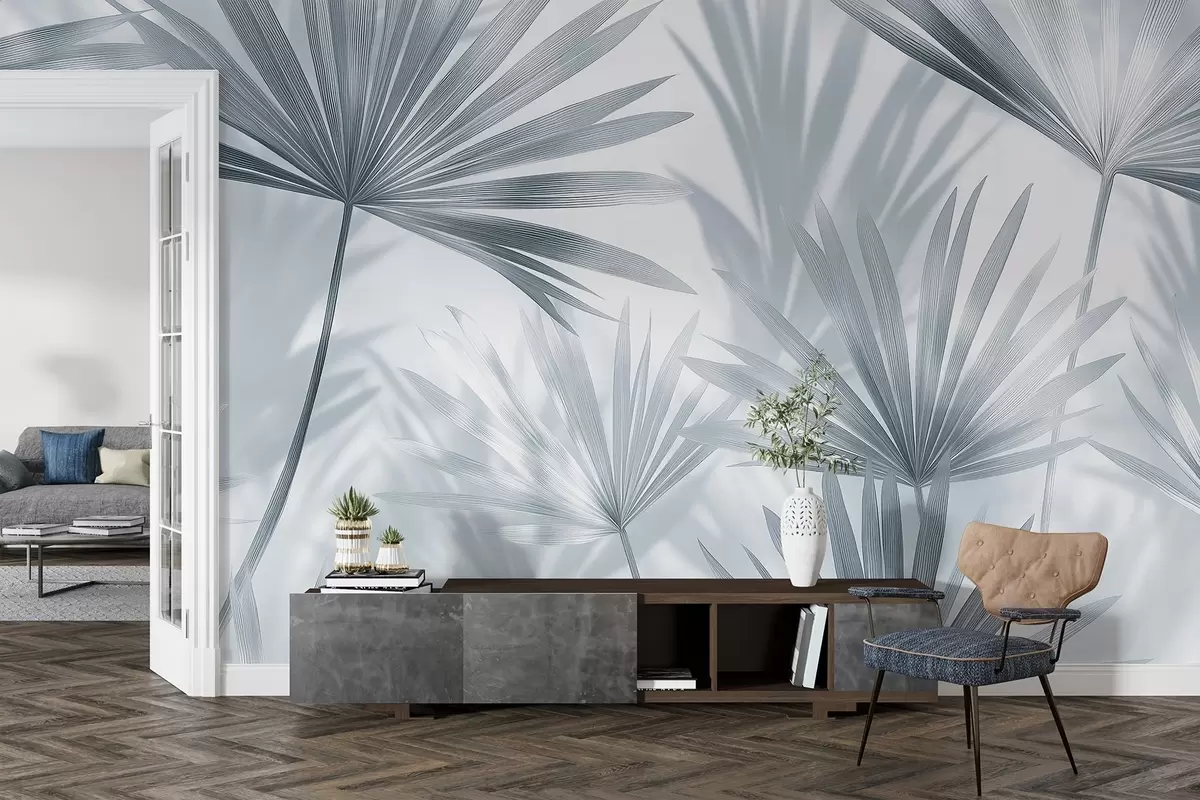 murales de pared Hojas de palmera, motivo floral, minimalismo, tropical, colores grises w03152v1