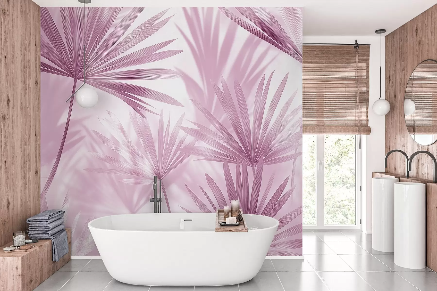 murales de pared Hojas de palmera, motivo floral, minimalismo, tropical, colores rosas w03152v4