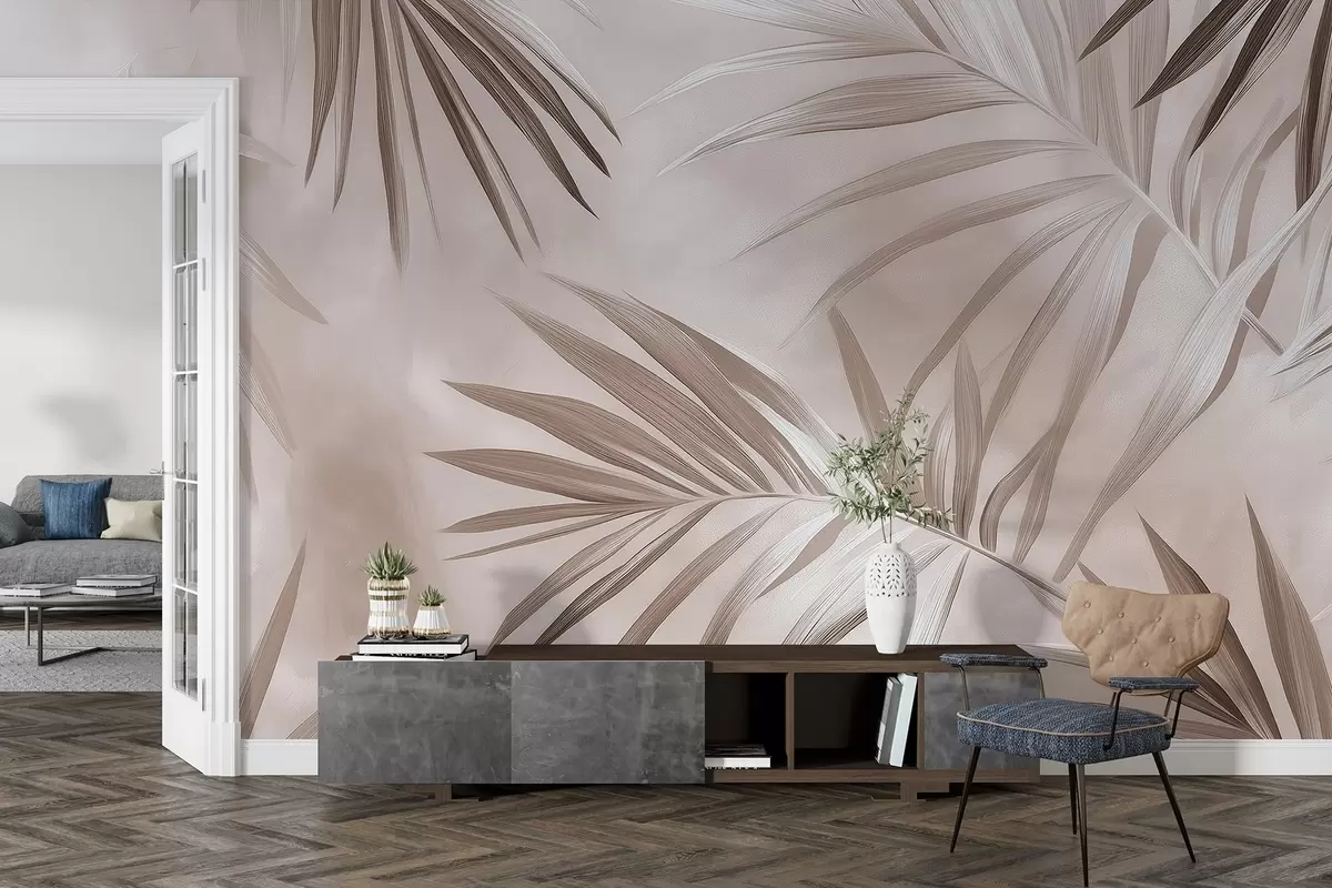 murales de pared Abstracción de hojas tropicales, palmera, paleta de colores beige  w03153v3