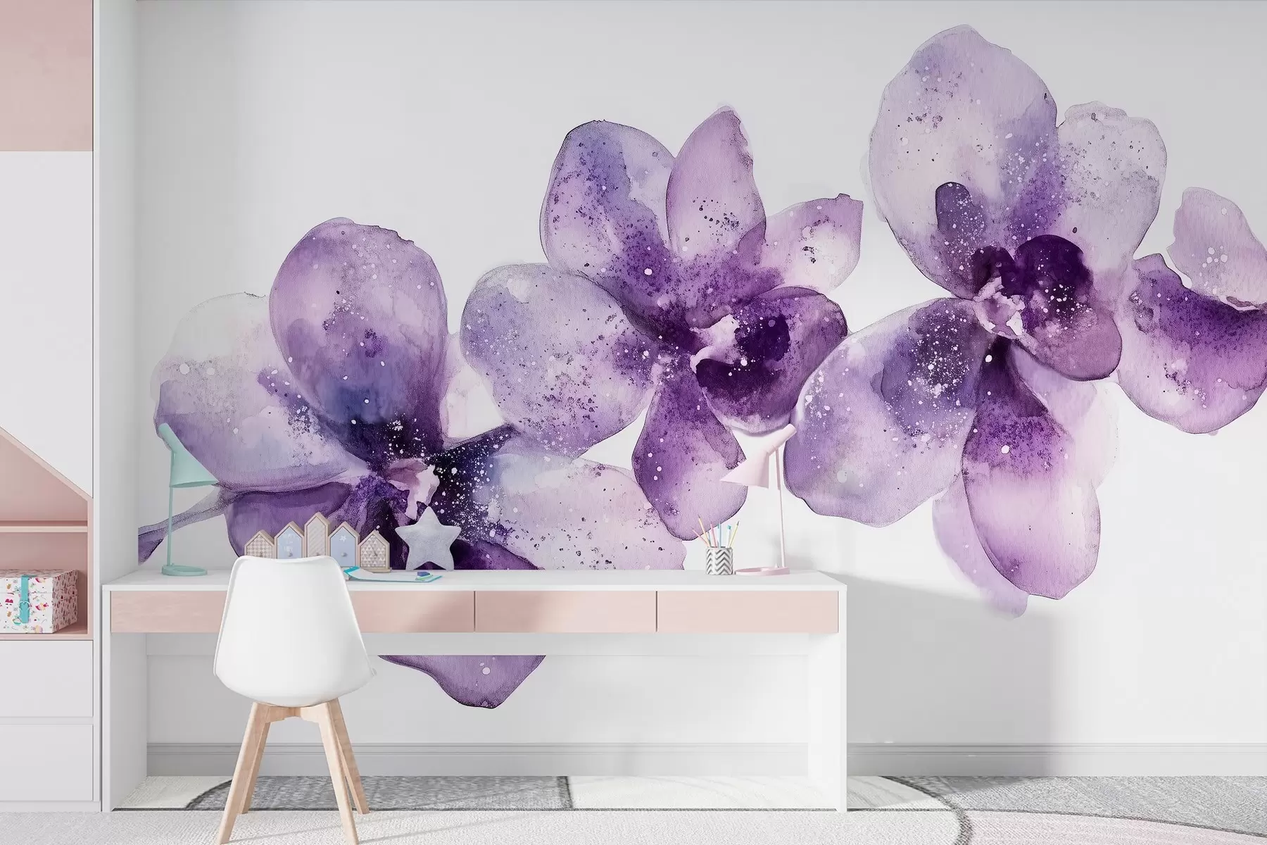 murales de pared Flores de orquídea estilo acuarela, colores morados w03163