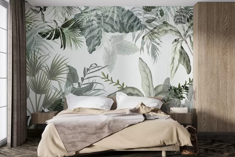 murales de pared Hojas tropicales transparentes en tonos verdes sobre fondo blanco w08822