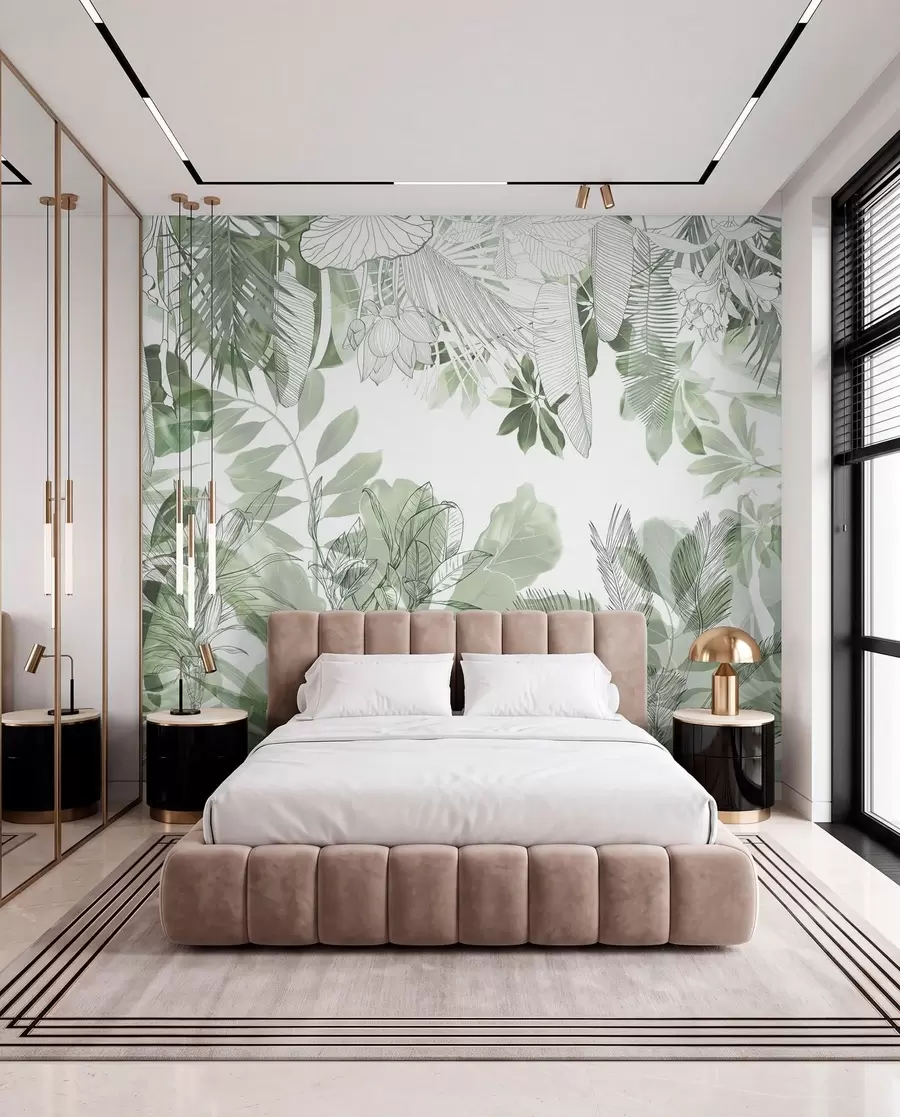 murales de pared Plantas y hojas tropicales con estampado de jungla verde sobre fondo blanco w08823