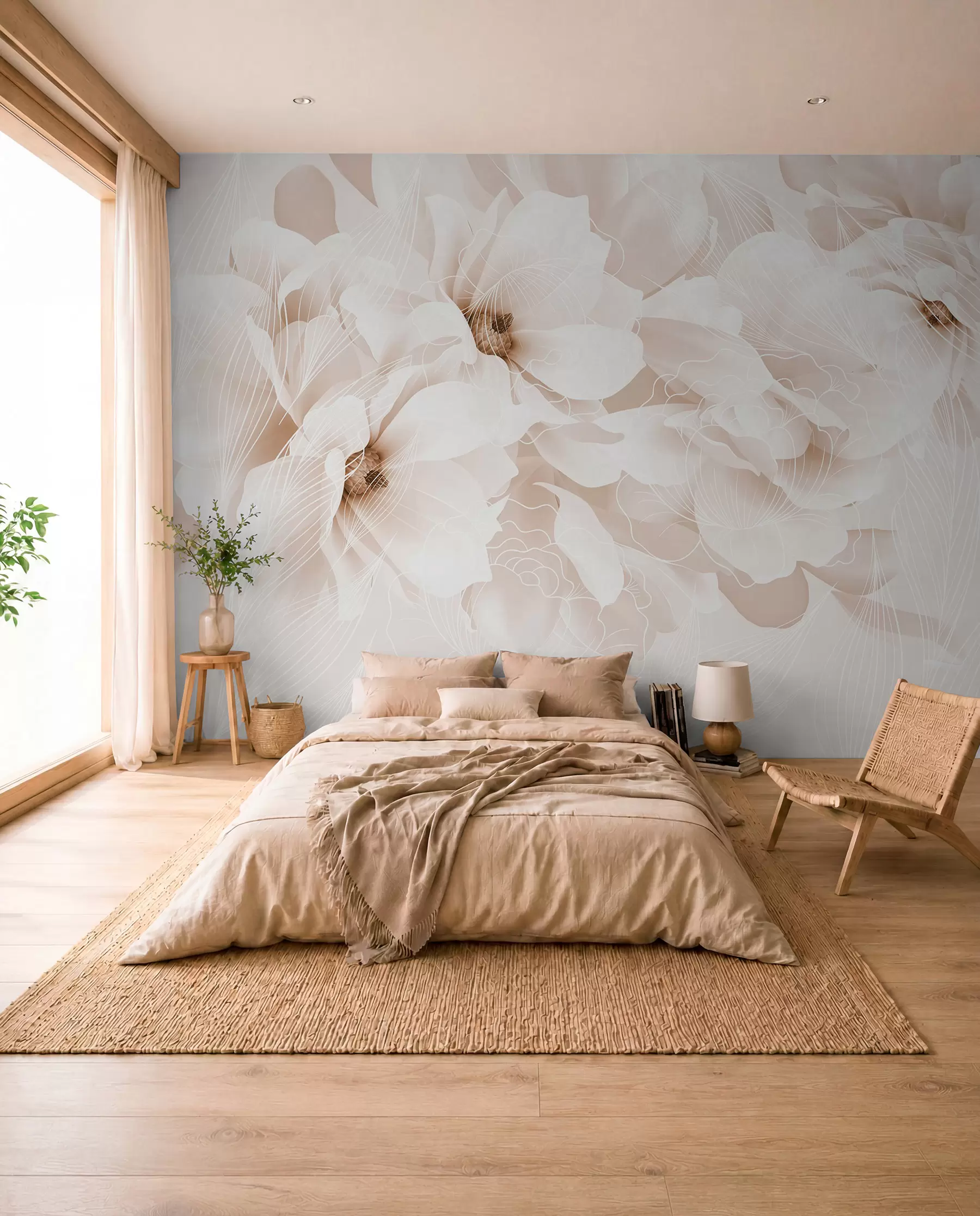 murales de pared Flores de peonía en tonos pastel con delicados pétalos blancos y beige y líneas blancas sobre fondo beige claro w08826v1