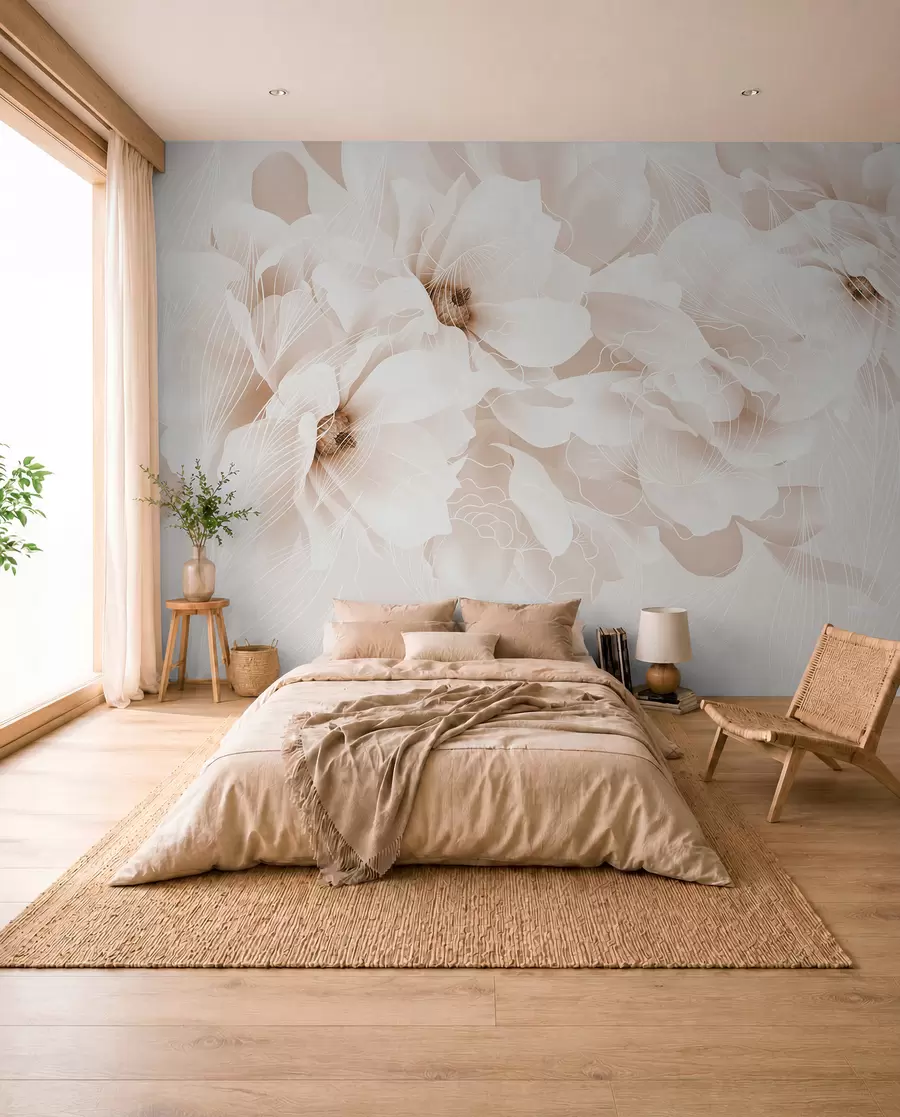 murales de pared Flores de peonía en tonos pastel con delicados pétalos blancos y beige y líneas blancas sobre fondo beige claro w08826v1