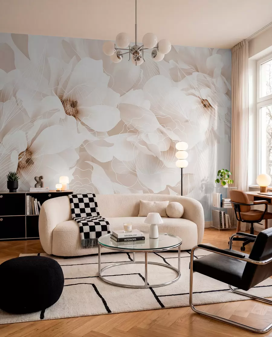 murales de pared Flores de peonía en tonos pastel con delicados pétalos blancos y beige y líneas blancas sobre fondo beige claro w08826v1