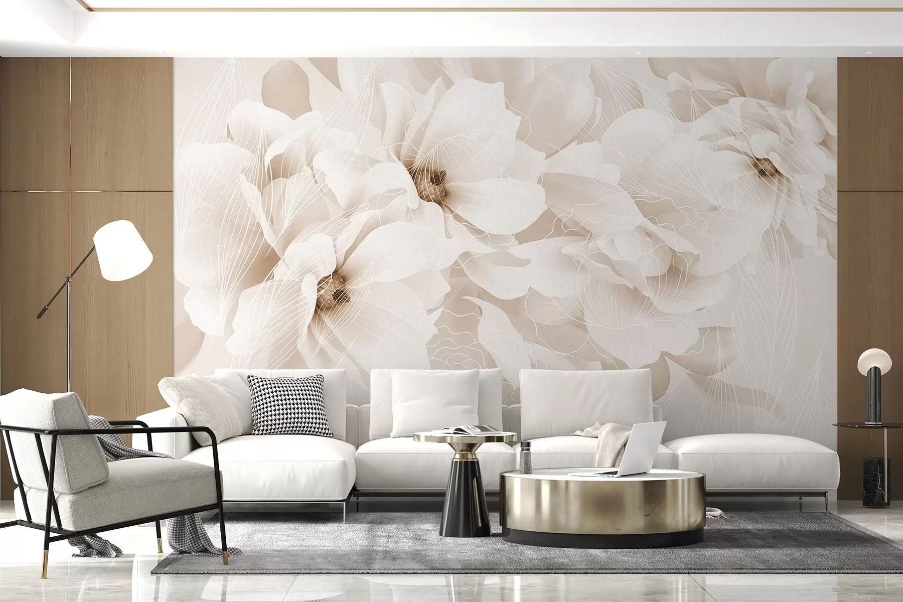 murales de pared Flores de peonía en tonos pastel con delicados pétalos blancos y beige y líneas blancas sobre fondo beige claro w08826v1