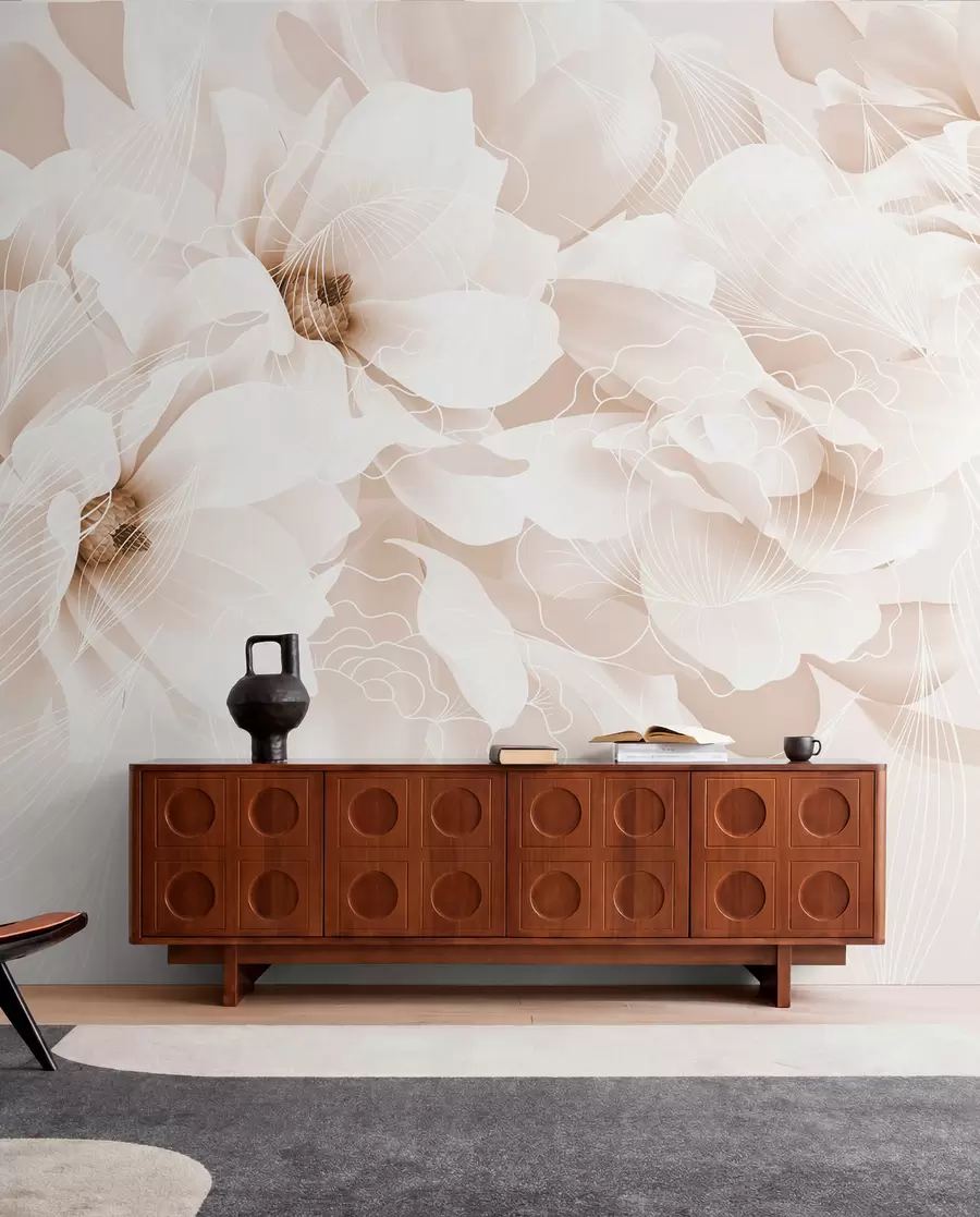 murales de pared Flores de peonía en tonos pastel con delicados pétalos blancos y beige y líneas blancas sobre fondo beige claro w08826v1