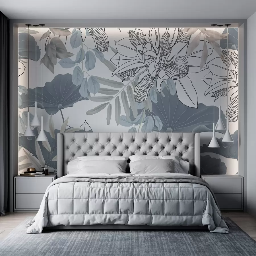 murales de pared Estampado floral con flores y hojas de loto en azul y blanco sobre fondo blanco w08827