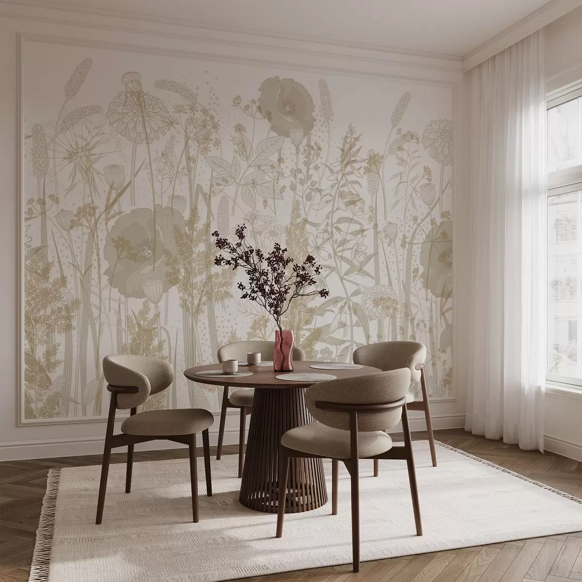murales de pared Un campo de flores altas y hierba en tonos pastel beige claro sobre fondo blanco w08829v1