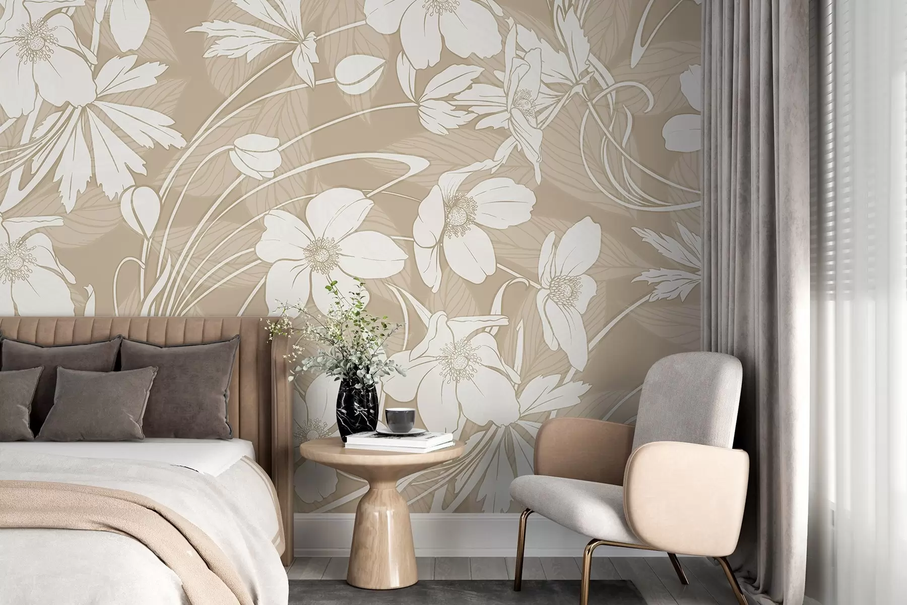 murales de pared Delicado estampado minimalista de flores y hojas blancas sobre fondo beige w08832