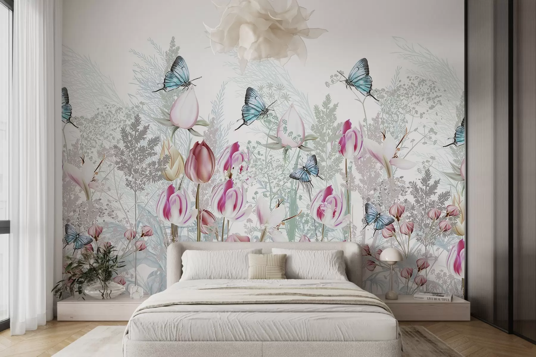 murales de pared Estampado en tonos pastel con flores de tulipán, hierba y mariposas volando en un jardín w08834