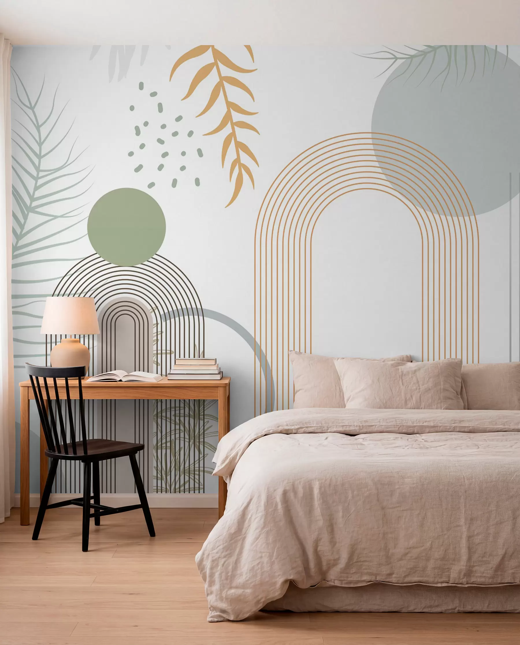 murales de pared Estampado abstracto con formas geométricas, arcos y hojas tropicales sobre fondo blanco w08835