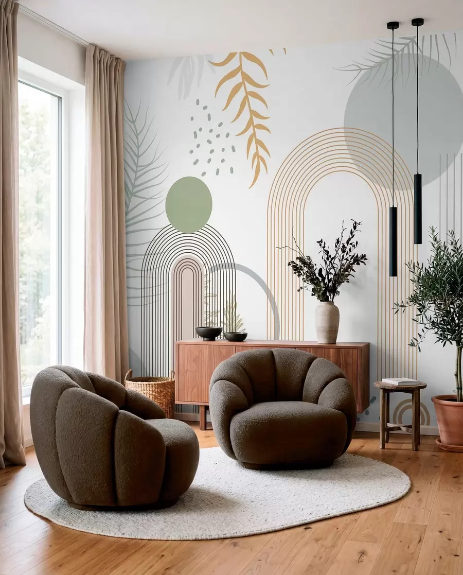 murales de pared Estampado abstracto con formas geométricas, arcos y hojas tropicales sobre fondo blanco w08835