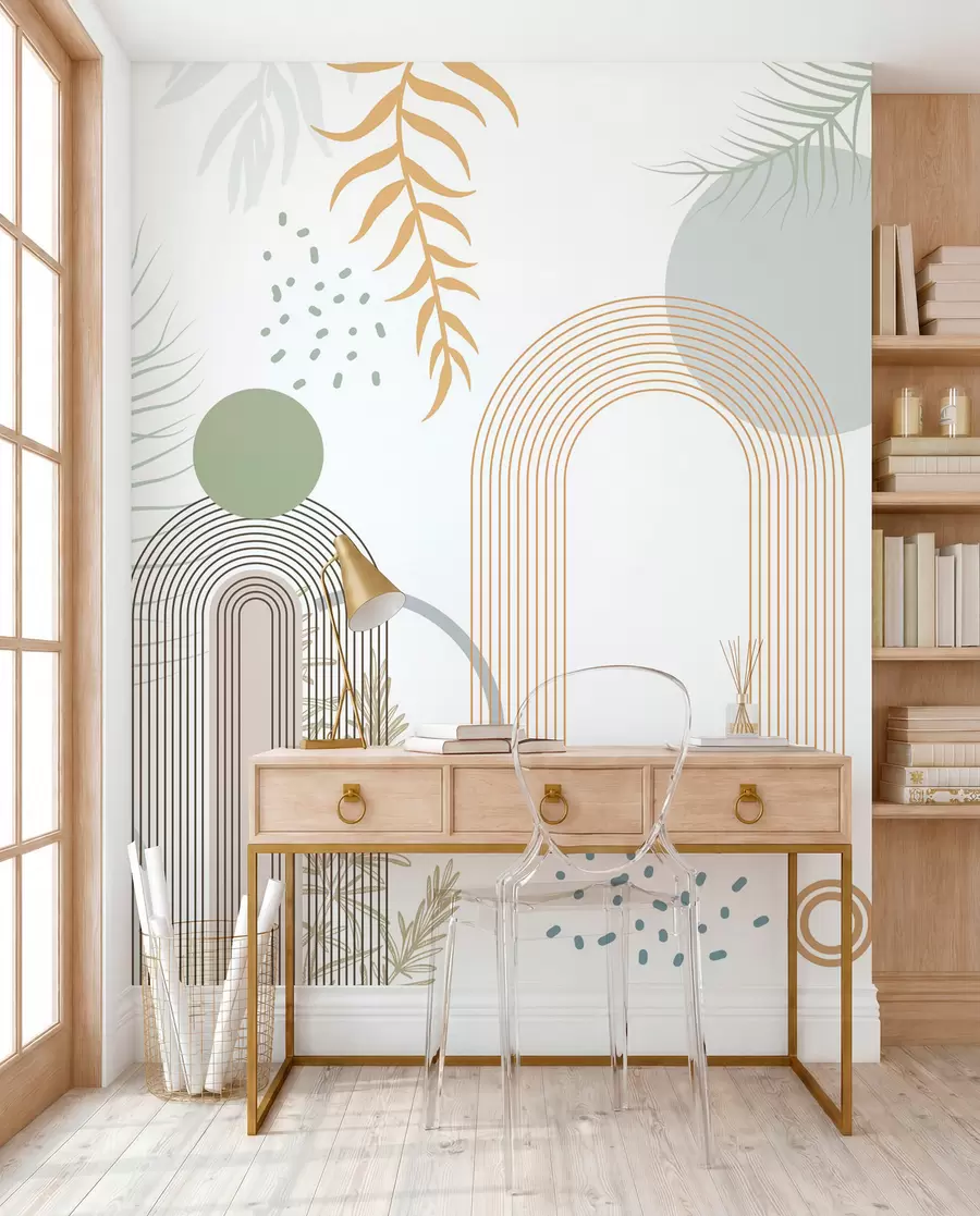 murales de pared Estampado abstracto con formas geométricas, arcos y hojas tropicales sobre fondo blanco w08835