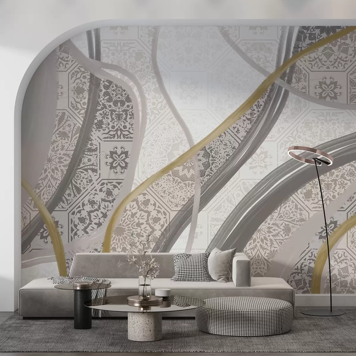 murales de pared Cuadro abstracto con motivos geométricos y líneas curvas en colores beige, gris y amarillo w08837