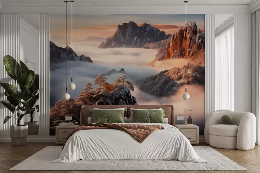 murales de pared Encantador paisaje de montaña con niebla y árboles w08807