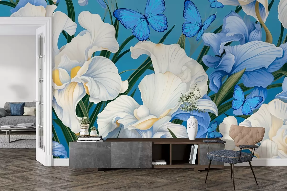 murales de pared Lirios blancos sobre fondo azul con mariposas azules w08810